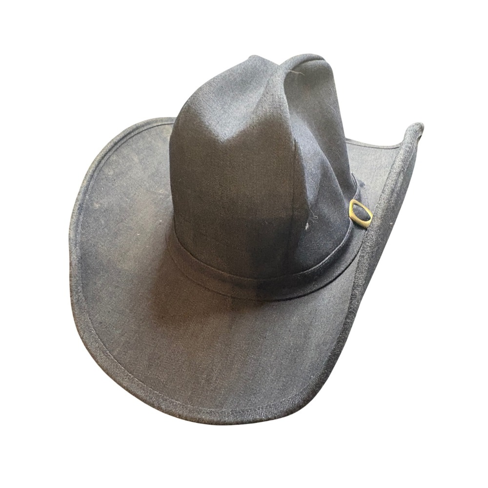 Vintage Union Made Denim Cowboy Hat Blue Western Wide Brim XL Buckle Detail